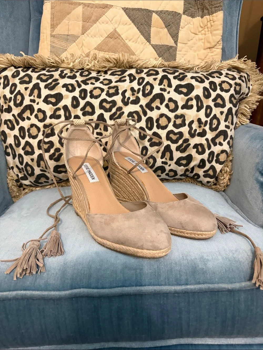Steve Madden Taupe Suede Espadrille Wedge with Tassel Ankle Ties